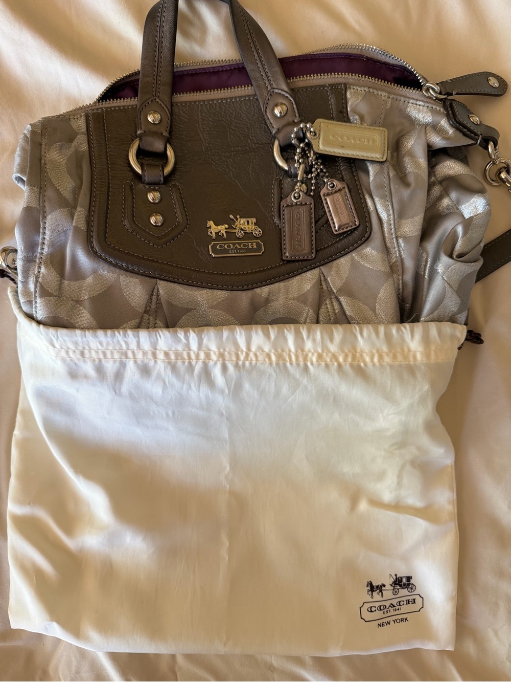 Coach Taupe Signature Satchel with Dark Brown Trim and Plum Lining